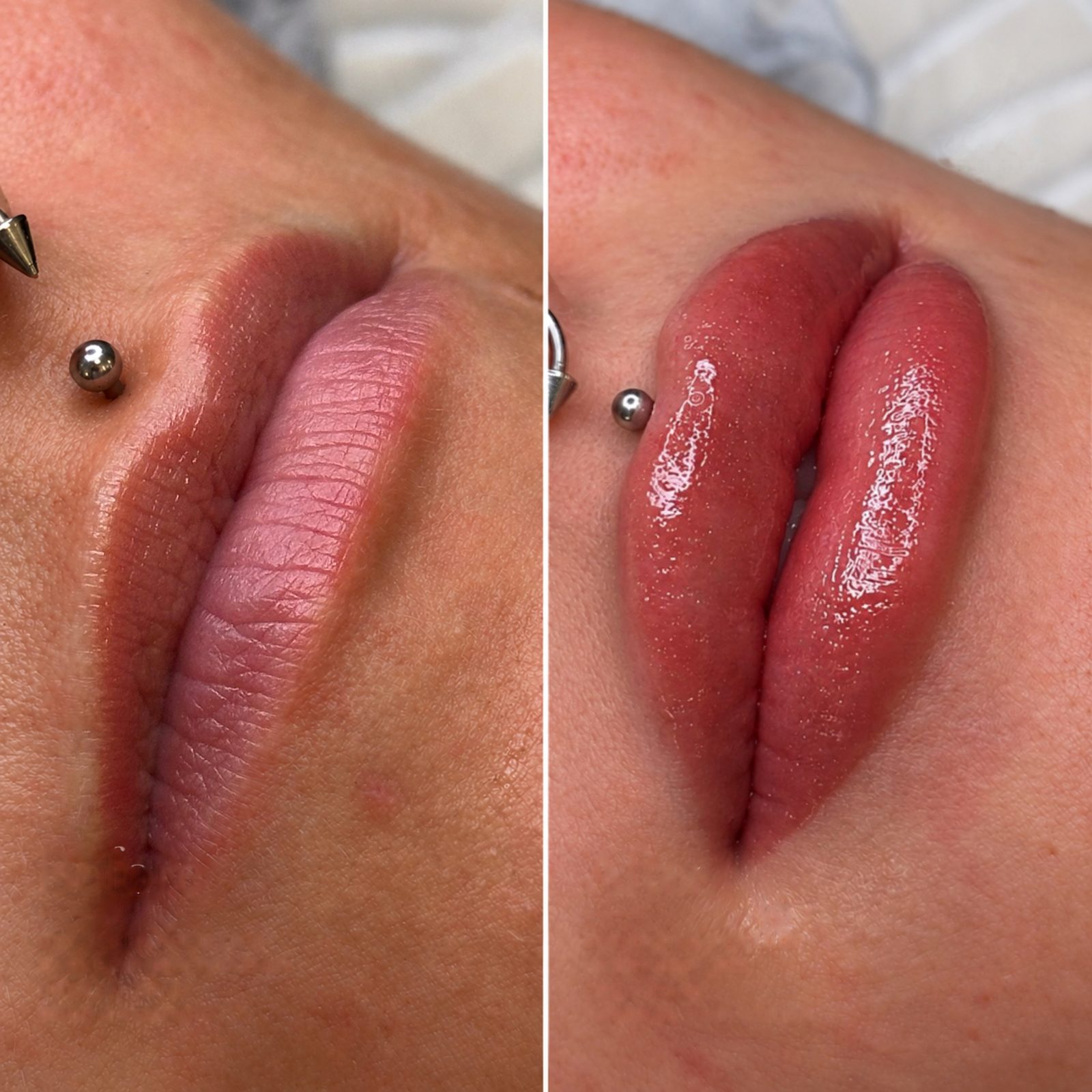 Before and after Russian lip tint: dry, uneven lips on the left; smooth, evenly tinted natural pink lips on the right