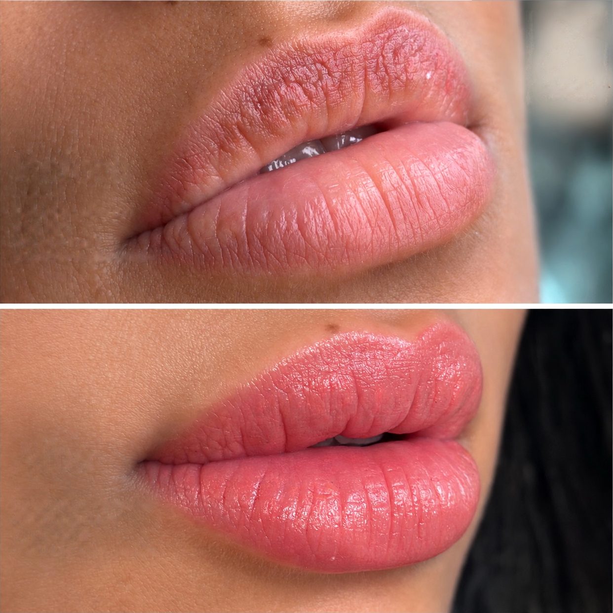 Before and after soft lip blush: dry, uneven natural lips on top; smoother, evenly pink lips below