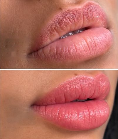 Before and after lip blush: dry, uneven natural lips on top; smooth, hydrated natural pink lips below